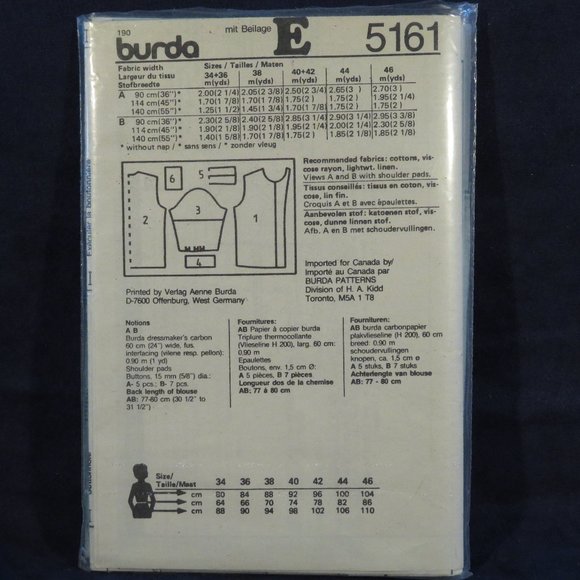BURDA 5161 LADIES' Blouses Tops Sizes 8-20 CUT (#937) - Picture 2 of 2